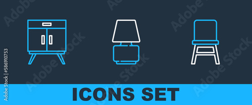 Set line Chair, Chest of drawers and Table lamp icon. Vector