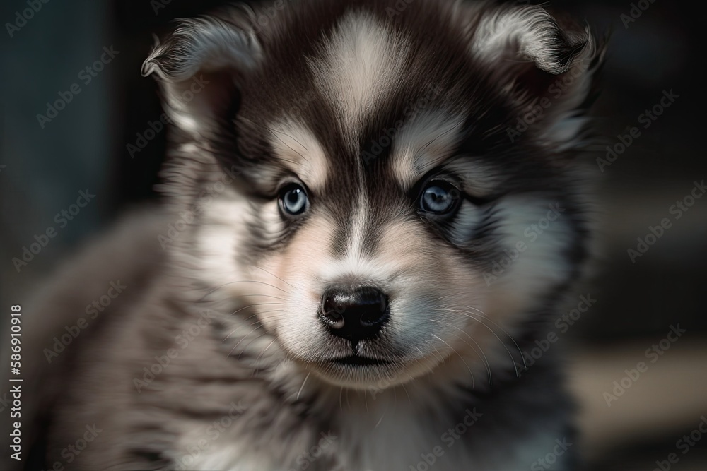 witty and amiable puppy appearance. An adorable little Alaskan Malamute with brown eyes. Fur in gray and white. selective focus on a pet's face; backdrop is blurred. Generative AI