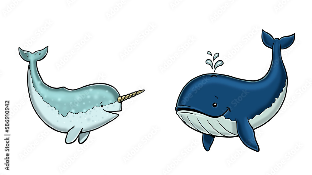 Cute narwhal and whale illustration. Isolated template with funny and ...