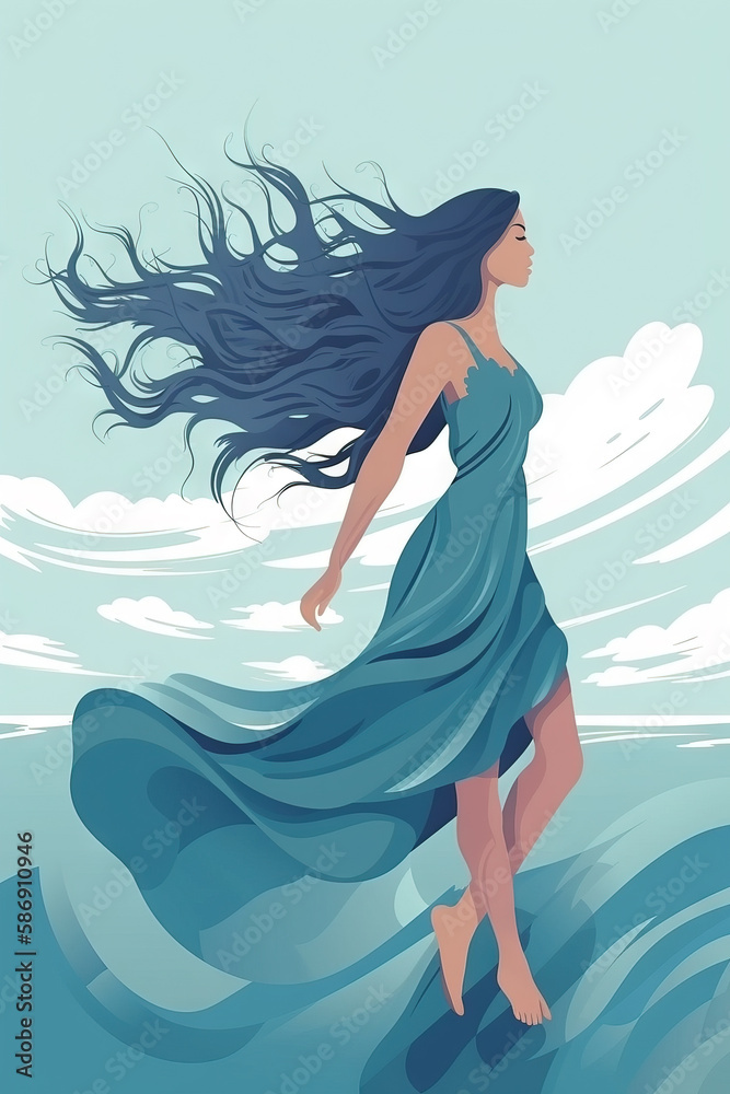 girl woman, flowing hair , dance in wind, sea sky background, summer breeze ocean wave dress, flat cartoon character . Generative AI girl woman, flowing hair , dance in wind, sea sky background, summer breeze ocean wave dress, flat cartoon character . Generative AI