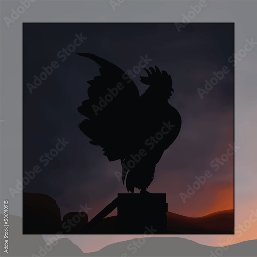 Illustration of a rooster with the sun rising behind him.vector illustration of a rooster