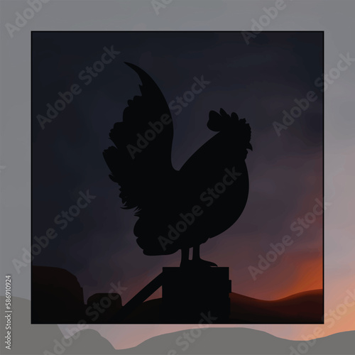 Illustration of a rooster with the sun rising behind him.vector illustration of a rooster