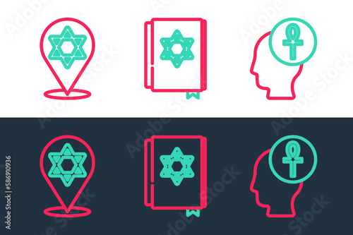 Set line Cross ankh, Star of David and Jewish torah book icon. Vector