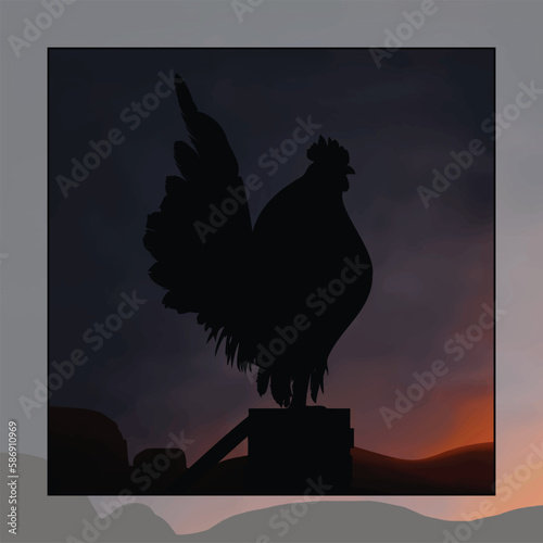Illustration of a rooster with the sun rising behind him.vector illustration of a rooster