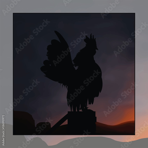 Illustration of a rooster with the sun rising behind him.vector illustration of a rooster