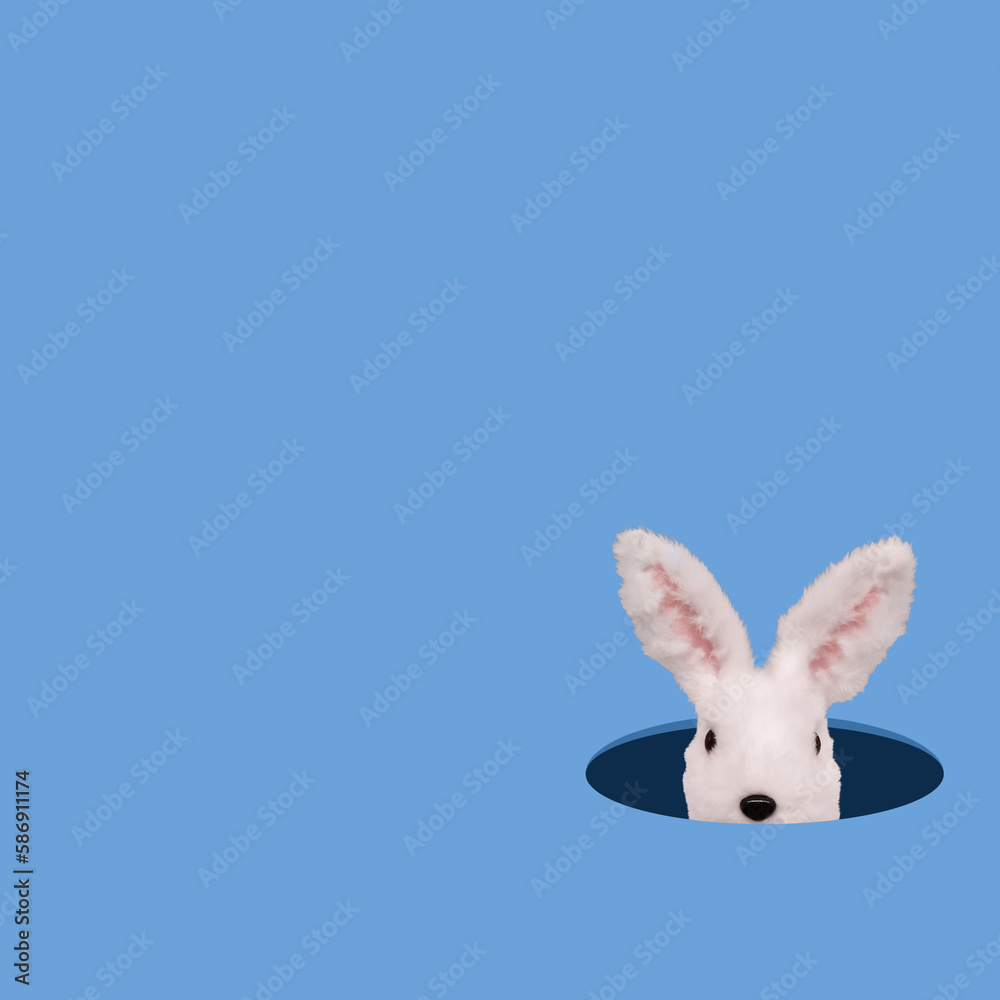 Obraz premium White Toy Rabbit Head Stick Out From The Hole. Easter minimal composition.