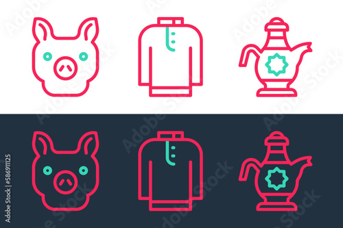 Set line Islamic teapot, Pig and Shirt kurta icon. Vector