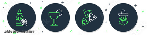 Set line Margarita cocktail, Nachos, Tequila bottle with lemon and Mexican man sombrero icon. Vector
