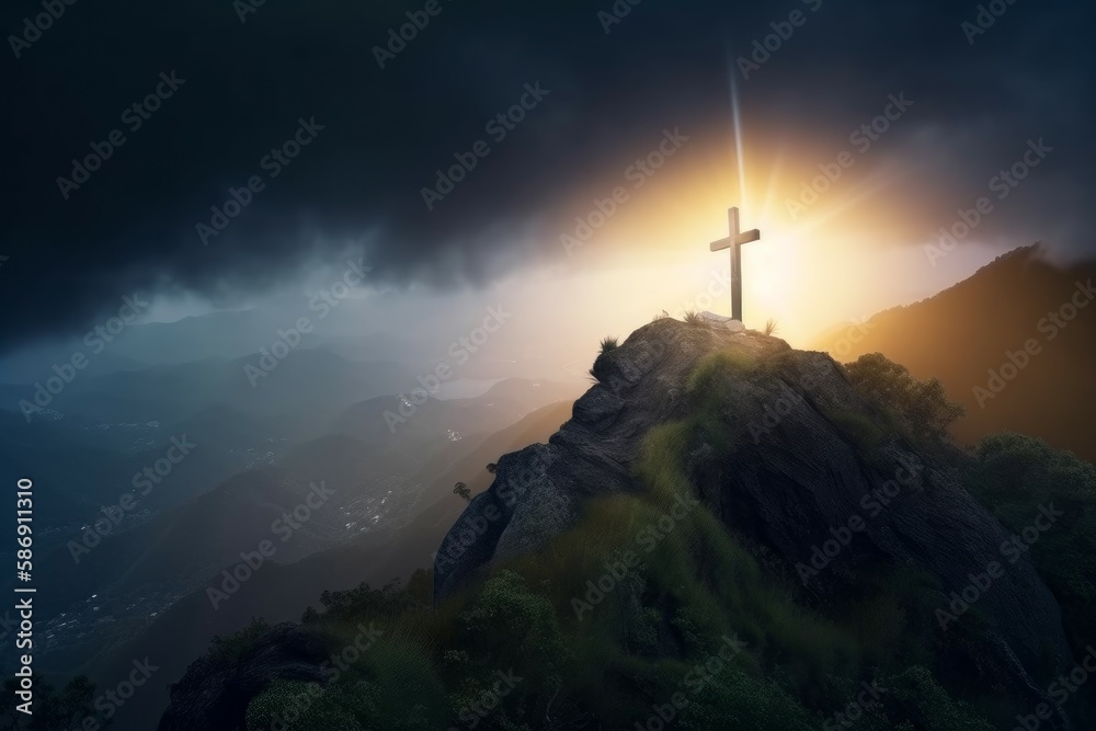 Obraz premium Cross mountain at sunrise. Holy easter sky. Generate Ai