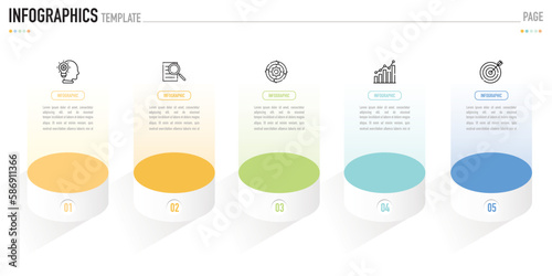 Circular isometric infographic template or element as a vector with 5 step, process, option, colorful 3D circle, icons, funnel, stage for sale slide, minimal modern simple style, target paper origami