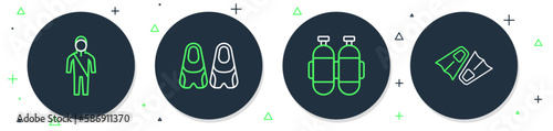 Set line Flippers for swimming, Aqualung, Wetsuit scuba diving and icon. Vector