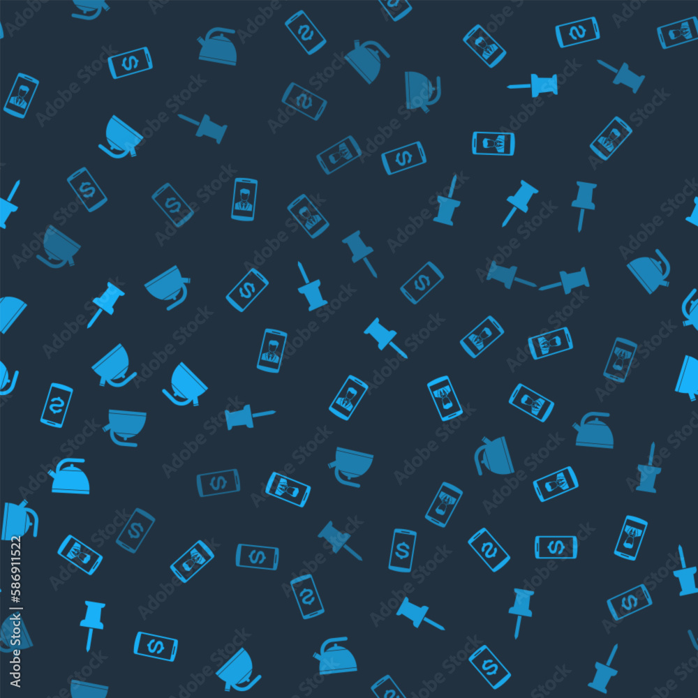 Set Smartphone with dollar, contact, Push pin and Kettle handle on seamless pattern. Vector Set Smartphone with dollar, contact, Push pin and Kettle handle on seamless pattern. Vector