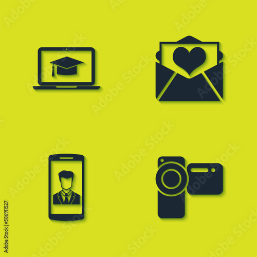 Set Graduation cap on laptop, Cinema camera, Smartphone with contact and Envelope Valentine heart icon. Vector