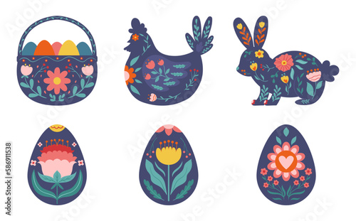 Collection Of Colorful Easter Icons Crafted In Traditional Folk Style. Set Includes Images Of Bunny, Chick, Eggs, Basket