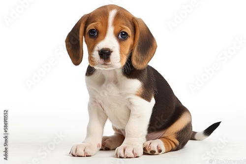 Beagle puppy dog with an upward and away gaze. isolated against a white backdrop. Generative AI