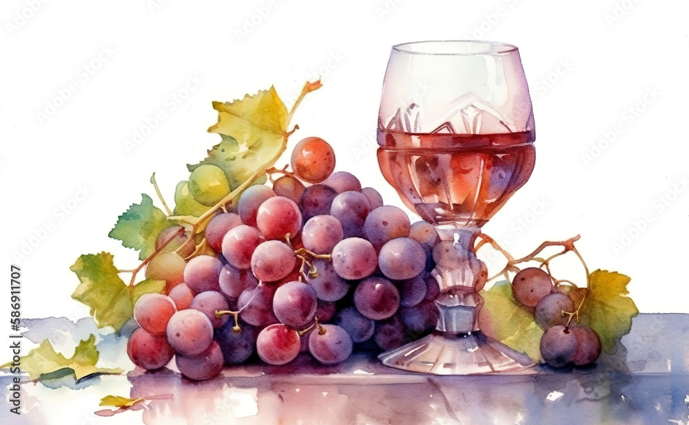 Watercolor image of a glass of wine with red grapes around. Generated ai.