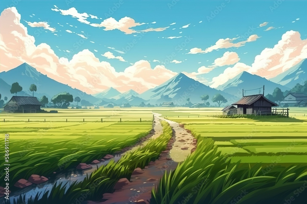 Beautiful illustration of a meadow with a wooden house in a mountain valley in anime style. Generated ai.