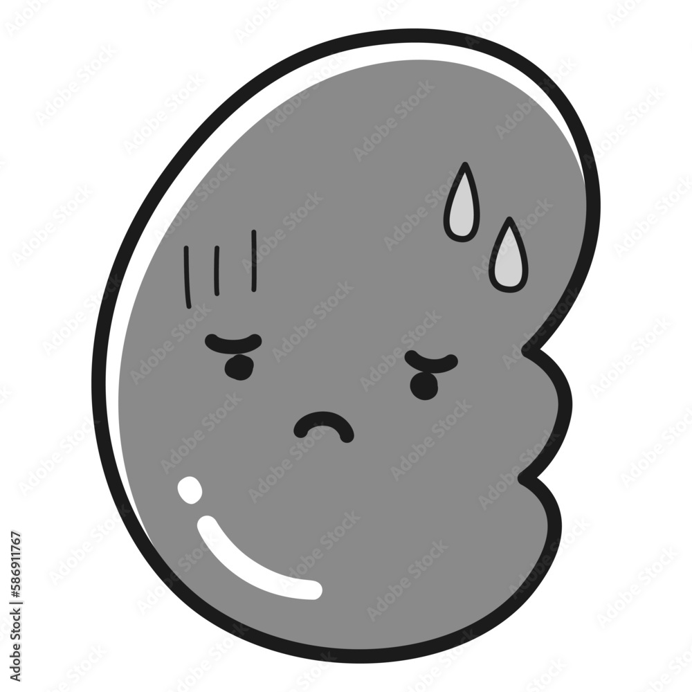 調子の悪い腎臓のイラスト（キャラクター）(白黒)
