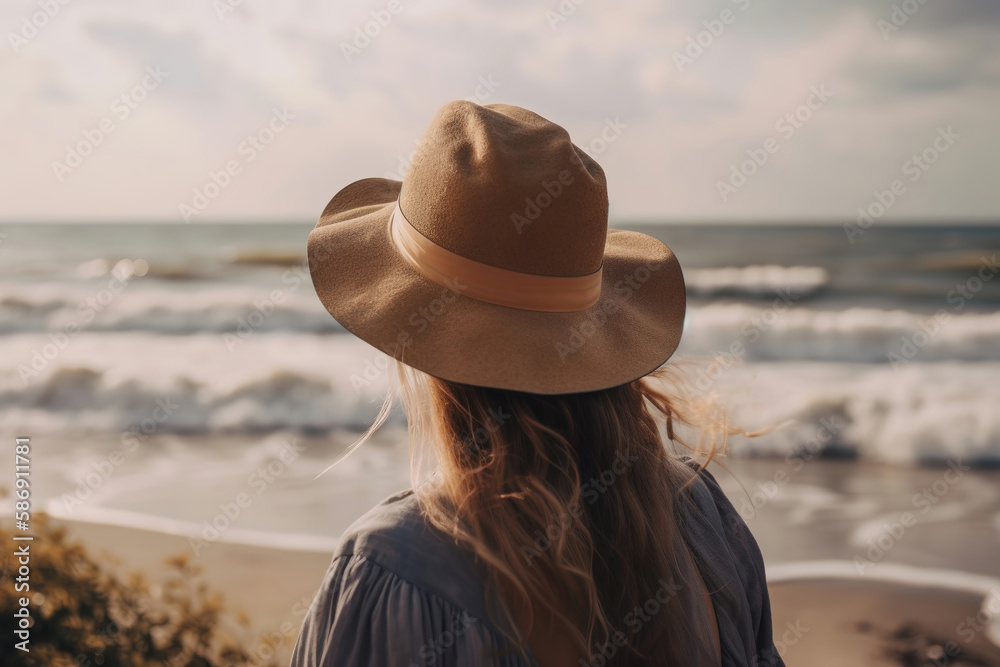 Back view image of a young woman in a hat on a sea shore. Generated ai.