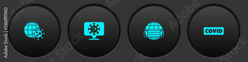 Set Earth globe with virus, Corona on location, medical mask and covid-19 icon. Vector