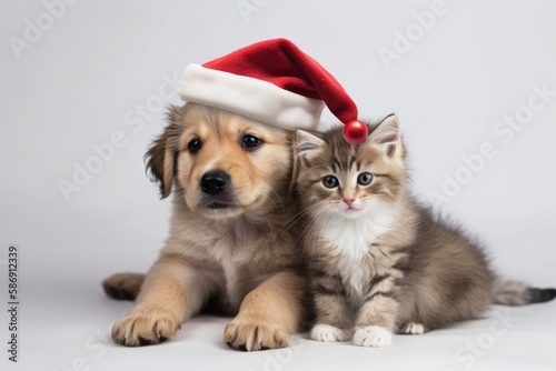 Adorable puppy and kitten wearing Santa hats on a white backdrop. Generative AI © AkuAku