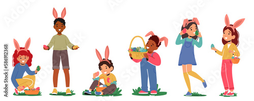 Kids Characters With Rabbit Ear Headband Joyfully Hunts For Easter Eggs In A Grassy Field With A Basket In Hands
