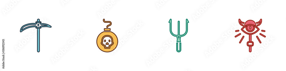 Fototapeta premium Set Pickaxe, Bomb ready to explode, Neptune Trident and Magic staff icon. Vector