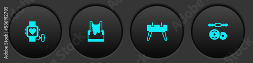 Set Smart watch with heart, Sweaty sleeveless t-shirt, Pommel horse and Barbell icon. Vector