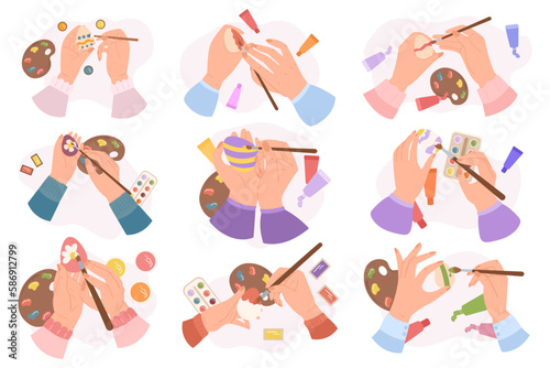 Fototapeta Naklejka Na Ścianę i Meble -  Set of Hands Holding Paintbrushes Painting Vibrant Patterns On Colorful Easter Eggs. Creativity, Tradition, And Joy