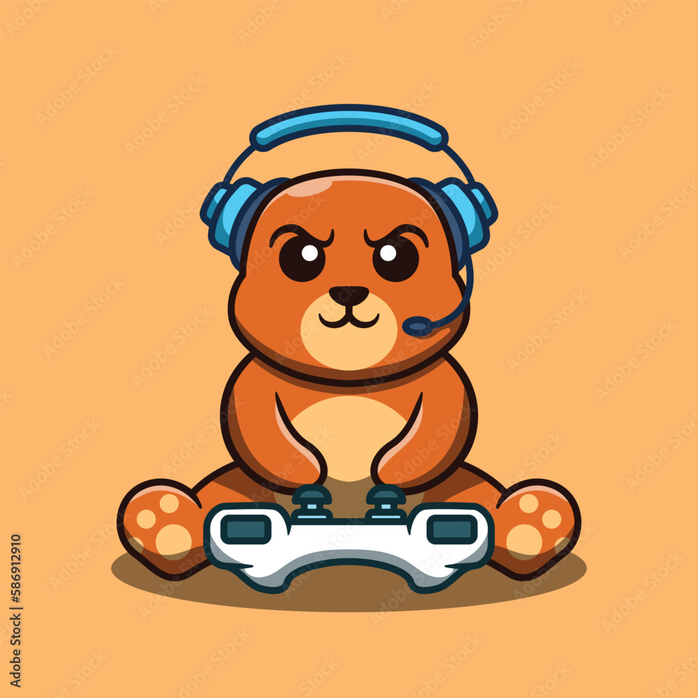 Cute Bear Character Playing Game Cartoon Vector Illustration
