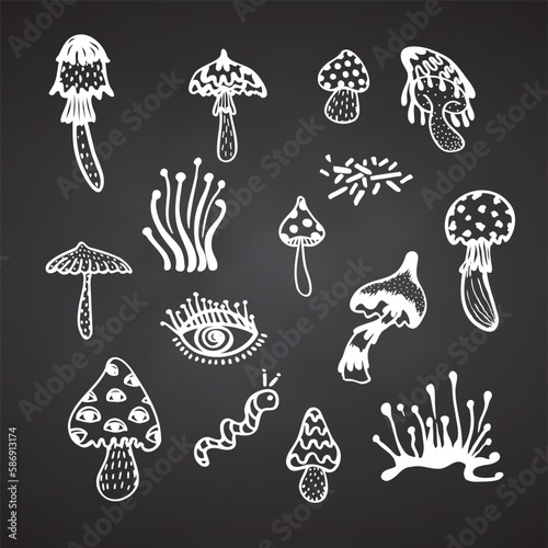 Collection of groove mushroom psychedelic elements. Retro design of hipster icons. Doodle style graphic. Vintage trippy 60 70 80 90 trendy vector illustration White symbols on chalkboard background