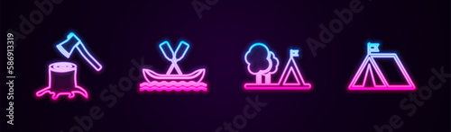 Set line Wooden axe in stump, Rafting boat, Tourist tent with flag and . Glowing neon icon. Vector