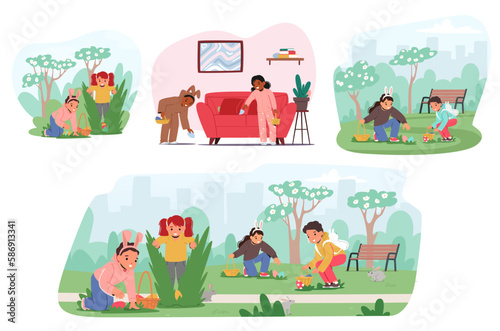 Set Children Character Eagerly Hunt Colorful Easter Eggs, Running Through The Grass And Searching Every Nook And Cranny