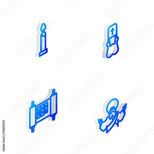 Set Isometric line Priest, Burning candle, Decree, paper, parchment, scroll and Jesus Christ icon. Vector