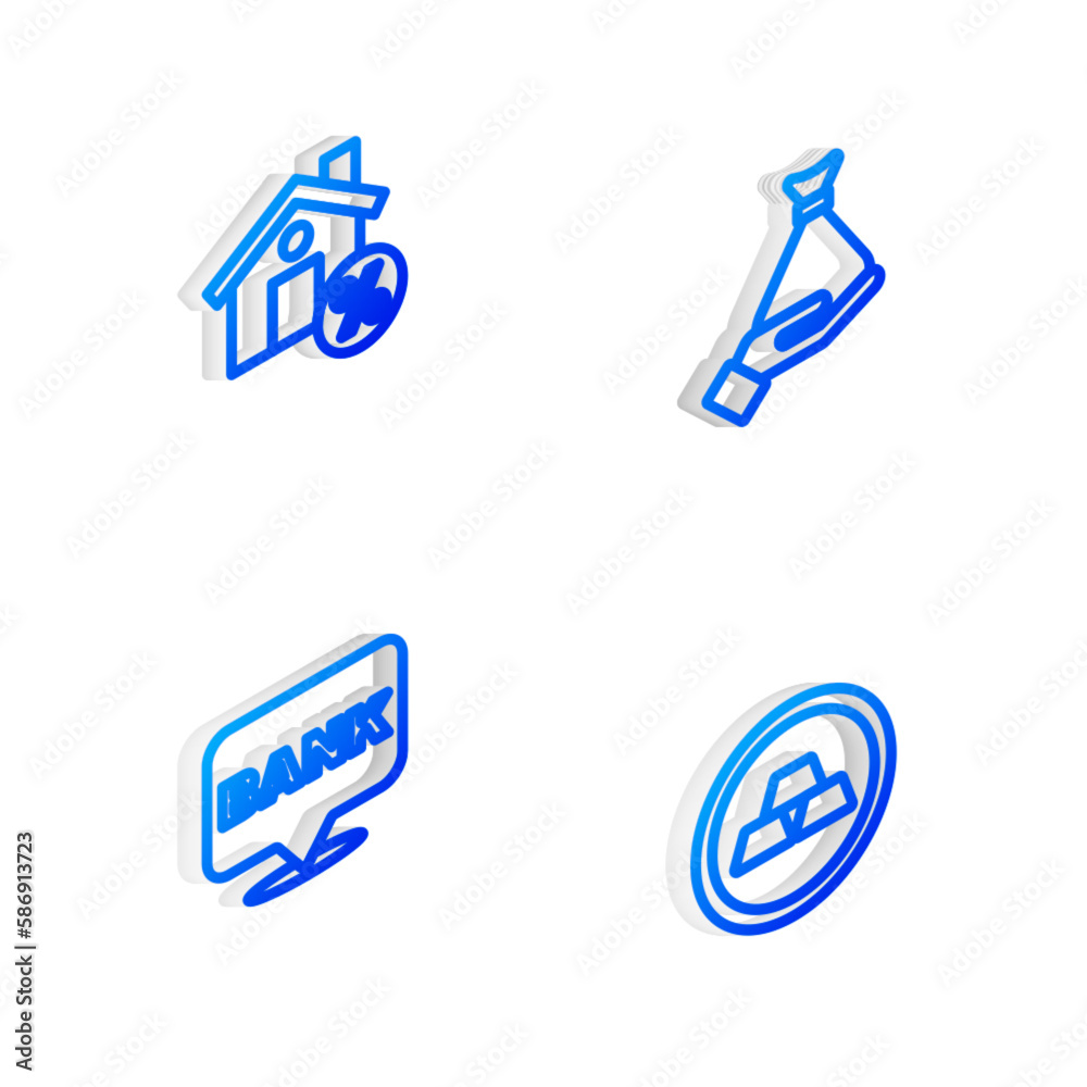 Set Isometric line Money in hand, House with percant discount, Bank building and Gold bars icon. Vector Set Isometric line Money in hand, House with percant discount, Bank building and Gold bars icon. Vector