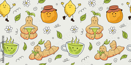 Seamless vector pattern. Green tea, lemon, honey and ginger. Cute cartoon illustrations.