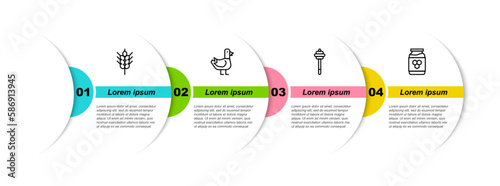 Set line Wheat, Dove, Honey dipper stick and Jar of honey. Business infographic template. Vector