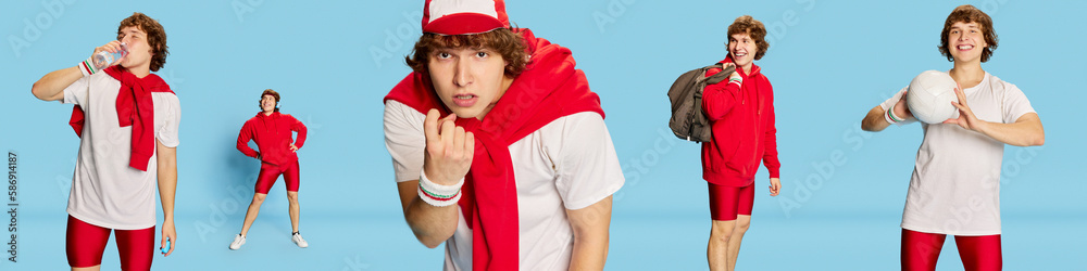 Set of images of young cheerful man in sportswear training, playing volleyball against blue background. Fitness routine Set of images of young cheerful man in sportswear training, playing volleyball against blue background. Fitness routine