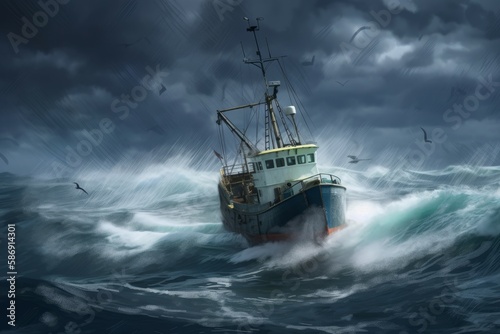 Fishing boat storm thunder. Tropical water storm. Generate Ai © nsit0108