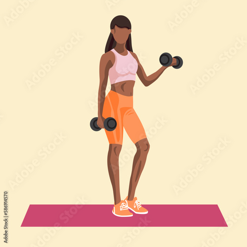Faceless fitness African American woman in sportswear standing on a fitness mat and doing a workout with the dumbbells. Workout and sports training concept. Vector illustration.