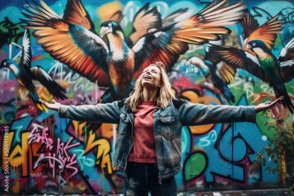 Vibrant Graffiti Wall and Tropical Birds made with Generative AI