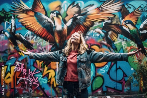 Vibrant Graffiti Wall and Tropical Birds made with Generative AI