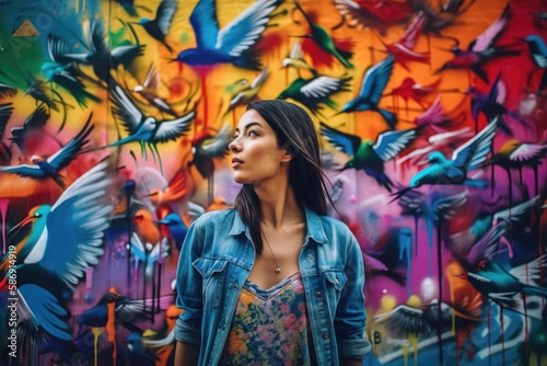 Street Art Style Woman with Tropical Birds made with Generative AI © Manuel