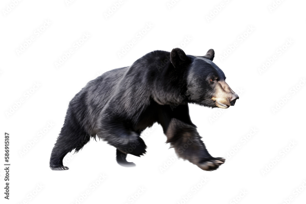 Fototapeta premium an isolated black bear running and walking, side-view portrait, North American, mountain-themed photorealistic illustration on a transparent background in PNG. Ursus americanus. Generative AI