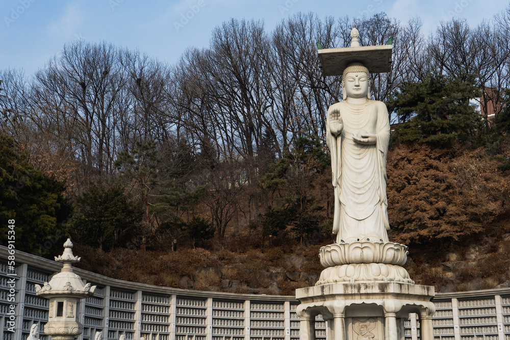 Obraz premium Bongeunsa Temple , Buddhist temple and Big Buddha Statue during winter morning at Gangnam , Seoul South Korea : 4 February 2023