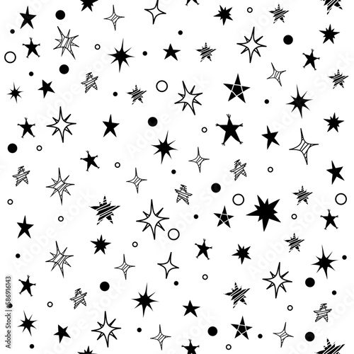 Seamless pattern with stars in hand drawn style. Vector illustration. White background. Geometric figures