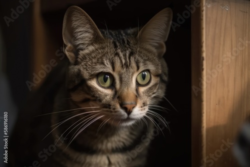 A cute striped cat crouchs on a cupboard. Generative AI © AkuAku