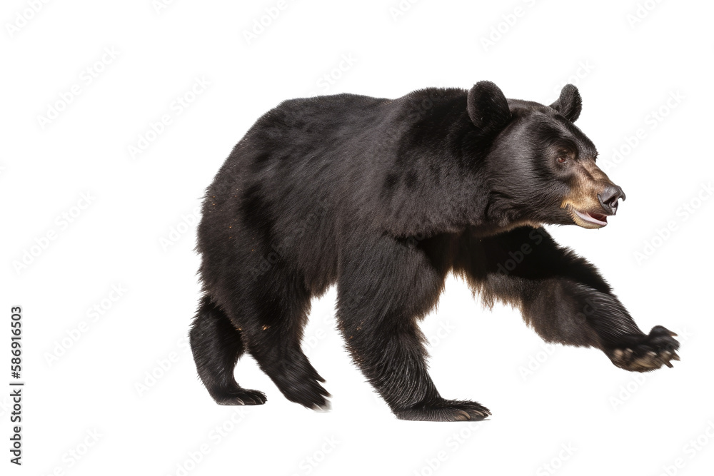Fototapeta premium an isolated black bear running and walking, side-view portrait, North American, mountain-themed photorealistic illustration on a transparent background in PNG. Ursus americanus. Generative AI