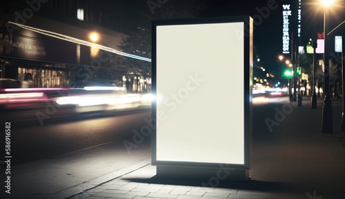 blank billboard mockup for advertising in the city, night view, bokeh effect