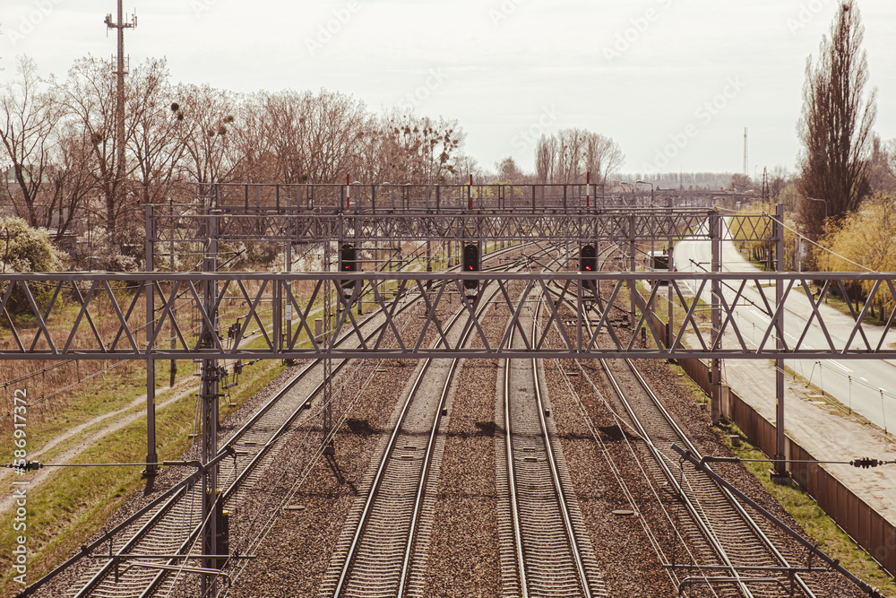 Railway station from above. Reconstructed modern railway infrastructure. The way forward railway for train. Empty Railway track for locomotive. Transportation system